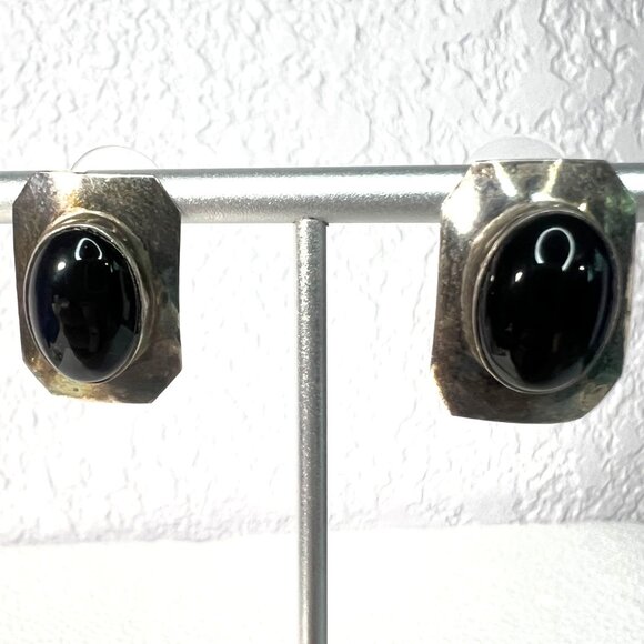 Vtg 925 Silver Onyx Post Earrings Artisan Handcrafted Marked AW MCM Southwestern - Picture 5 of 10